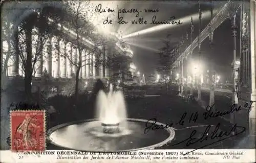 Ak Automobil-Ausstellung Paris 1907, Avenue Nicolas II, Garten, Beleuchtung, Leuchtfontäne