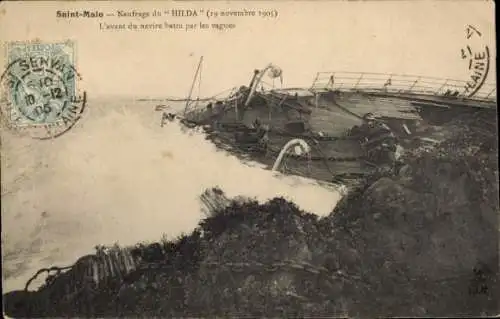 Ak Saint Malo, Untergang der Hilda 1905, Die Vorderseite des Schiffes wird von den Wellen geschlagen