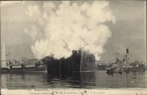 Ak Algeciras Andalusien, Mechaniker-Torpedobootschule, Feuer, 1906