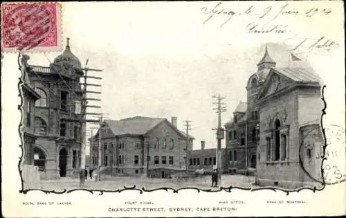 Ak Sydney Nova Scotia, Charlotte Street, Royal Bank of Canada, Gerichtsgebäude, Postamt