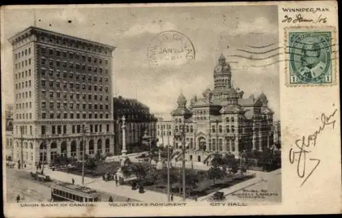 Ak Winnipeg Manitoba Kanada, Union Bank of Canada, Rathaus, Denkmal der Freiwilligen