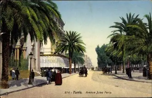 Ak Tunis Tunesien, Avenue Jules Ferry, Straßenpartie mit Palmen