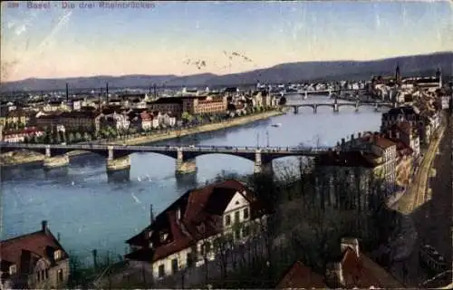 Ak Basel Stadt Schweiz, Blick auf die drei Rheinbrücken
