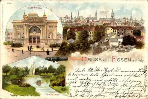 Litho Essen im Ruhrgebiet Nordrhein Westfalen, Stadttheater, Stadtgarten, Krupp Kanone