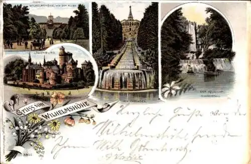 Litho Bad Wilhelmshöhe Kassel, Kaskade, Aquäduktwasswerfall, Löwenburg