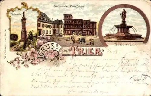 Litho Trier an der Mosel, Mariensäule, Domschänke, Porta Nigra, Balduinsbrunnen