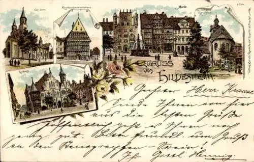 Litho Hildesheim in Niedersachsen, Dom, Rathaus, Knochenhaueramtshaus, Markt, Rosenstock