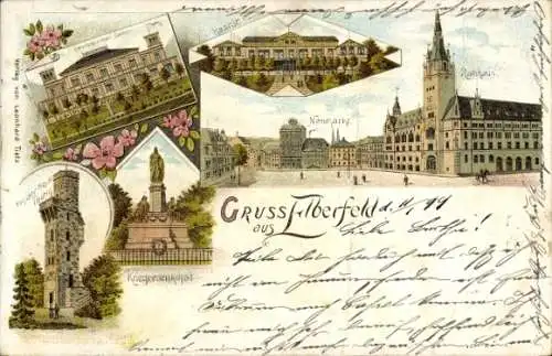 Litho Elberfeld Wuppertal, Von der Heydt-Turm, Kriegerdenkmal, Neumarkt, Rathaus