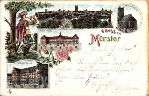 Litho Münster in Westfalen, Stadtbild, Liebfrauenkirche, Schloss, Regierung