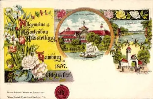 Litho Hamburg Mitte Neustadt, Allgemeine Gartenbauausstellung 1897, Eingangstor, Hängebrücke, Segler