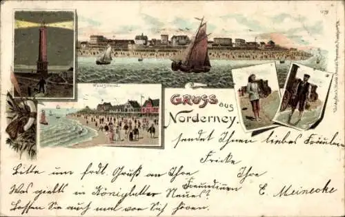 Litho Nordseebad Norderney Ostfriesland, Gesamtansicht, Weststrand, Leuchtturm