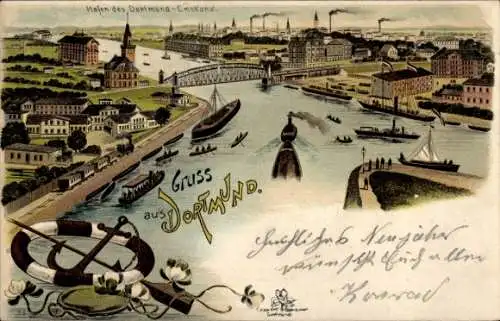 Litho Dortmund im Ruhrgebiet, Hafen Dortmund Ems Kanal, Ortspanorama