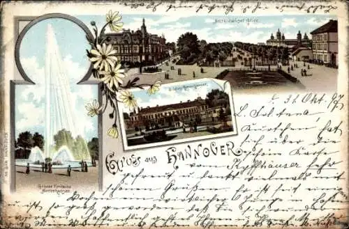 Litho Hannover in Niedersachsen, Herrenhäuser Allee, Große Fontaine, Schloss Herrenhausen