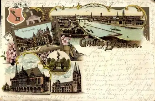 Litho Hansestadt Bremen, Gerichtsgebäude, Rathaus, Dom, Hafen, Panorama