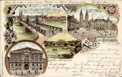 Litho Bremen, Weserbrücke, Weierei, Tivoli Theater, Rathaus, Dom, Börse