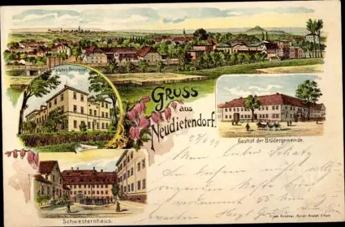 Litho Neudietendorf in Thüringen, Schwesternhaus, Gasthof der Brüdergemeinde, Mädchen-Pensionat