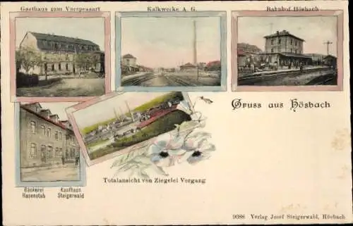 Ak Hösbach Unterfranken, Gasthaus zum Vorspessart, Kalkwerke, Bahnhof, Bäckerei Hasenstab, Ziegelei