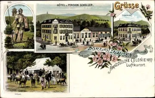 Litho Dornholzhausen Bad Homburg im Taunus, Hotel und Pension Scheller, Französische Kolonie 1697