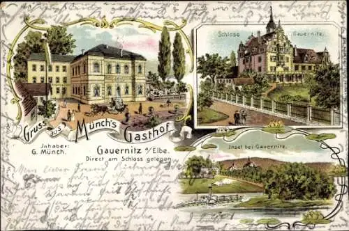 Litho Gauernitz Klipphausen Sachsen, Münch's Gasthof, Schloss Gauernitz, Insel
