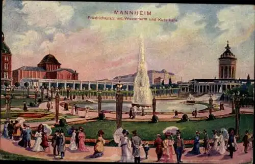 Ak Mannheim in Baden, Jubiläumsausstellung 1907, Friedrichsplatz, Wasserturm, Kunsthalle, Besucher