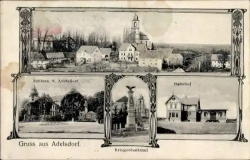 Ak Zagrodno Adelsdorf Schlesien, Schloss, Bahnhof, Kriegerdenkmal, Totalansicht