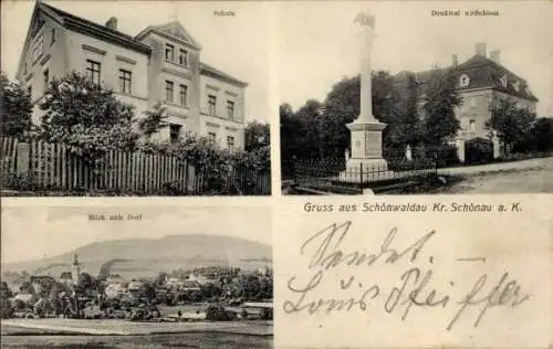 Ak Rząśnik Schönwaldau Schlesien, Denkmal, Schloss, Schule, Totalansicht