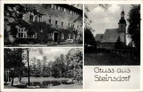 Ak Steinsdorf Kreis Złotoryja Goldberg Schlesien, Schloss, Teich, Kirche