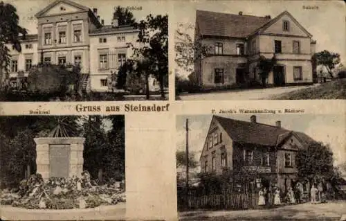 Ak Steinsdorf Kreis Złotoryja Goldberg Schlesien, Schule, Warenhandlung, Schloss, Denkmal