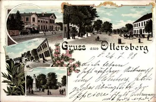 Litho Ottersberg in Niedersachsen, Hotel, Bahnhof, Gleisseite, Kriegerdenkmal
