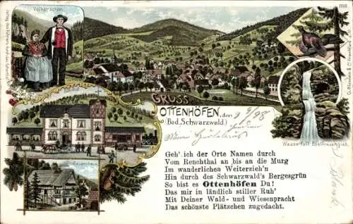 Litho Ottenhöfen im Schwarzwald, Wasserfall, Bahnhof, Totalansicht, Bauernhaus, Tracht