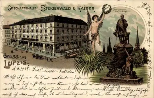 Litho Leipzig in Sachsen, Geschäftshaus Steigerwald & Kaiser, Bismarck Denkmal, Bruno Bürger