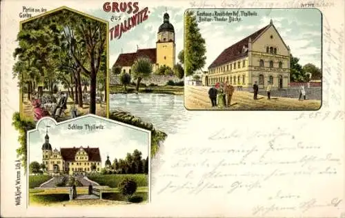 Litho Thallwitz in Sachsen, Gasthaus zum Preußischen Hof, Schloss