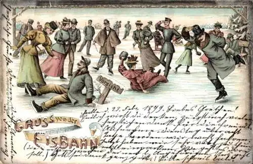 Litho Gruß von der Eisbahn, Schlittschuhläufer