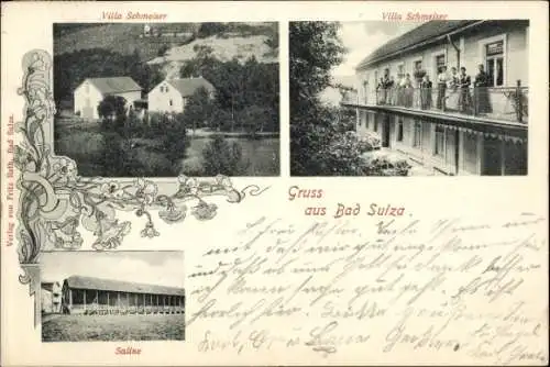 Ak Bad Sulza in Thüringen, Villa Schmeiser, Gäste auf dem Balkon, Saline