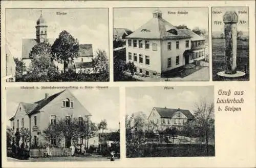 Ak Lauterbach Stolpen in Sachsen, Kirche, Neue Schule, Ostersäule, Pfarre, Bäckerei und Geschäft