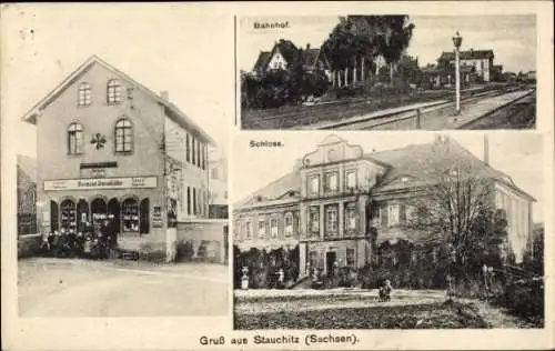 Ak Stauchitz in Sachsen, Bahnhof, Schloss, Geschäftshaus