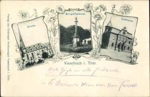 Passepartout Ak Vieselbach Erfurt in Thüringen, Kirche, Kriegerdenkmal, Sparkasse