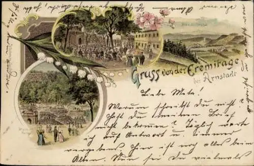 Litho Arnstadt in Thüringen, Eremitage, Terrasse mit Bastei, Blick ins Geratal