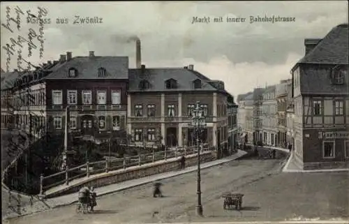 Ak Zwönitz im Erzgebirge Sachsen, Markt, innere Bahnhofstraße, Gasthaus, Kriegerdenkmal