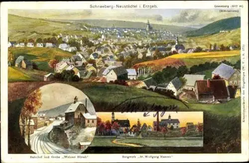 Künstler Ak Freitag, F., Schneeberg Erzgebirge, Panorama, Neustädtel, Bergwerk St. Wolfgang Maasen