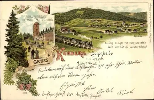 Litho Schönheide im Erzgebirge Sachsen, Gruß vom Kuhberg, Prinz Georg Turm, Neuheide