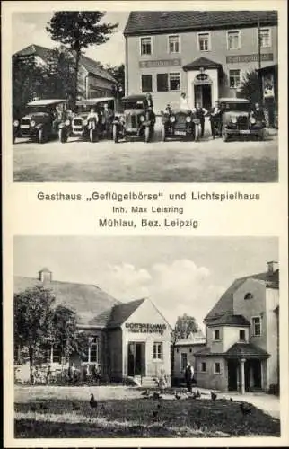 Ak Mühlau in Sachsen, Gasthaus Geflügelbörse und Lichtspielhaus, Autos
