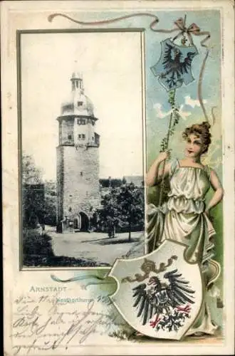 Präge Wappen Passepartout Ak Arnstadt in Thüringen, Neutorturm