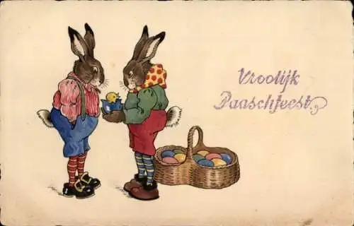 Ak Glückwunsch Ostern, Vermenschlichte Hasen, Ostereier