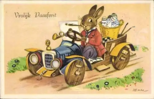 Ak Glückwunsch Ostern, Vermenschlichter Hase in einem Auto