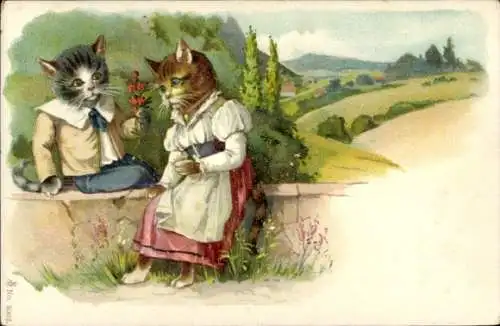 Litho Vermenschlichte Tiere, zwei Katzen, Liebespaar