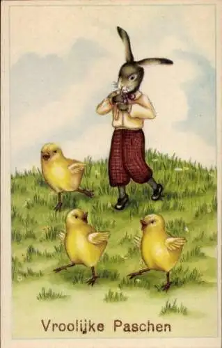 Ak Glückwunsch Ostern, Vermenschlichter Hase, tanzende Küken