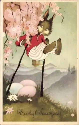 Ak Glückwunsch Ostern, Vermenschlichter Hase, Ostereier