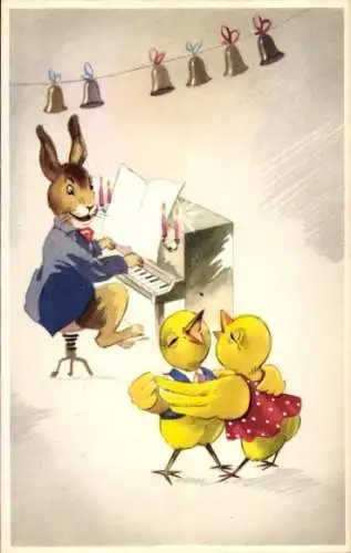 Ak Glückwunsch Ostern, Hase spielt Klavier, tanzende Küken