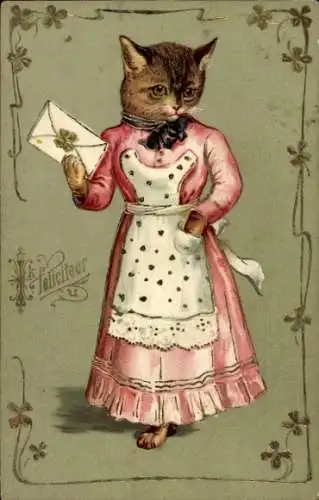 Präge Litho Glückwunsch, Vermenschlichte Katze mit einem Brief